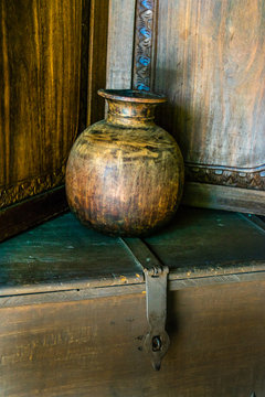 still life empty old wooden round vase on thunk