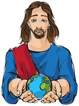 Portrait of Jesus holding the hands planet Earth with white background
