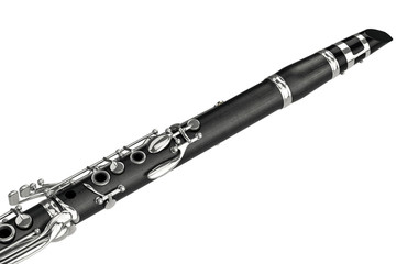 Clarinet woodwind instrument with chrome valve, close view. 3D graphic