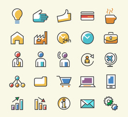 Set of 25 Minimalistic Solid Line Coloured Business Icons. Isolated Vector Elements.