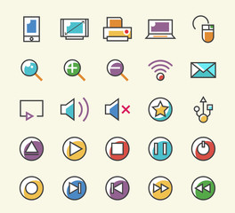 Set of 25 Minimalistic Solid Line Coloured Multimedia Icons. Isolated Vector Elements.