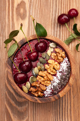 Smoothie with cherry, chia seeds, walnuts and flax seeds. Super Foods