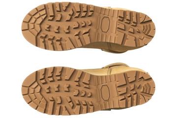 Military boots suede with brown tread, bottom view. 3D graphic