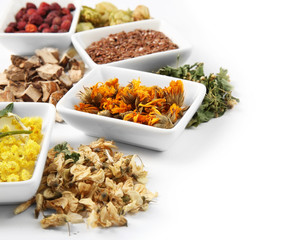 Natural flower and herb selection in ceramic bowls isolated on white