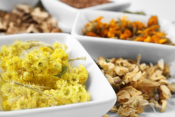 Natural flower and herb selection in ceramic bowls, close up
