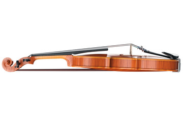 Violin classical stringed musical equipment, side view. 3D graphic