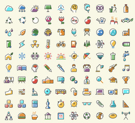 Naklejka premium Set of 100 Minimalistic Solid Line Coloured Education and Ecology Icons. Isolated Vector Elements.