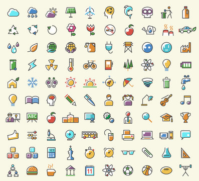 Set of 100 Minimalistic Solid Line Coloured Education and Ecology Icons. Isolated Vector Elements.