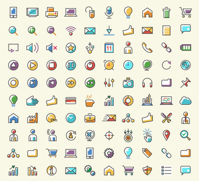 Set of 100 Minimalistic Solid Line Coloured Business, Multimedia and SEO Icons. Isolated Vector Elements.