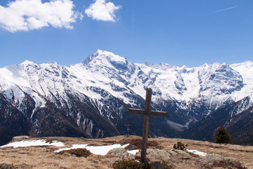 Summit Cross in front of Ortles Glacier, Italy, Europe