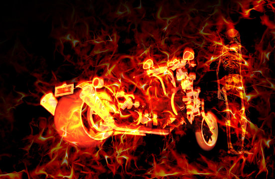 Fiery burning motorbike and skeleton with flames around them