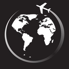 Plane travel round world on a black background, vector illustration