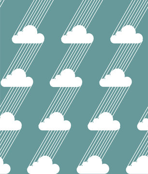 Seamless clouds and rain pattern on a blue background. Vector illustration.