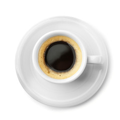White cup of coffee and saucer on white background