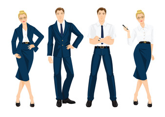 Vector illustration of business people in formal blue suits and white shirt. Young woman holding mobile phone in her hand