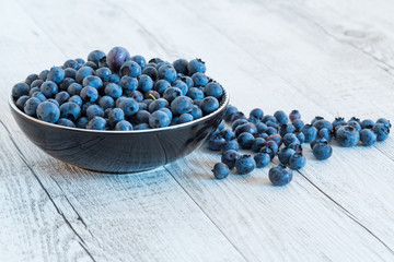 Blueberry antioxidant organic superfood in a bowl on table, concept for healthy eating and nutrition