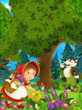 Cartoon forest scene - wolf smiling to little girl - good for different fairy tales - illustration for the children