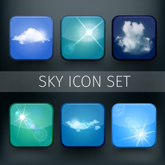 Set of modern realistic icons with sun and clouds.