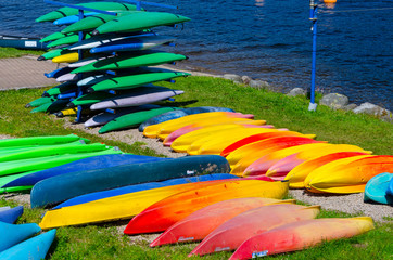 Kayak boats getherded by colors on the lake Gerardmer, Lorraine