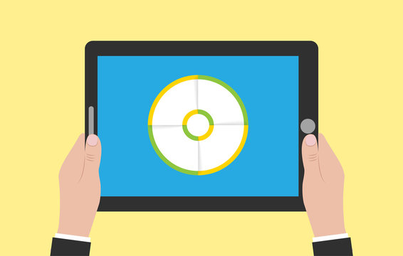 Man holding tablet in hands. Horizontal layout blue background and infographic. Gentlemen in suit is holding pocket pc at isolated yellow background.