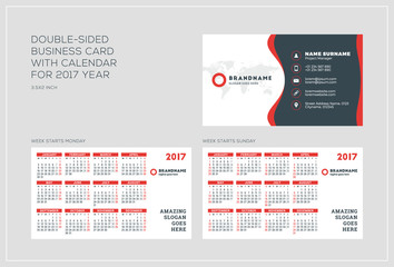 Double-sided business card template with calendar for 2017 year. Week starts Monday. Week starts Sunday. Landscape orientation. Vector Illustration