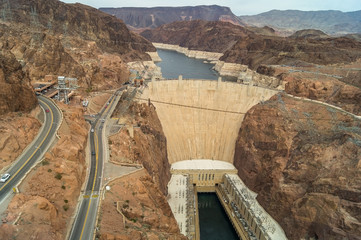 The powerful Hoover dam nearby the border between Arizona and Nevada,USA, view from the brindge.