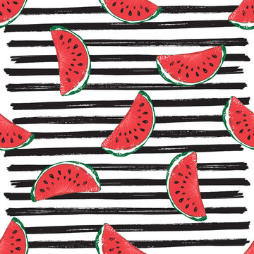 Water Melon Seamless Pattern Striped Vector Illustration.