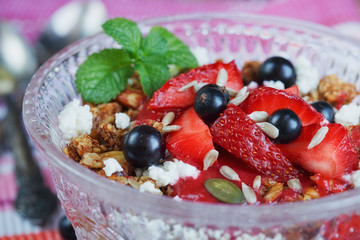 Dessert with fresh berries, cottage  cheese, granola and berries
