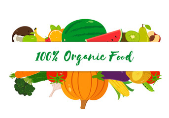 Organic fruits and vegetables template. Healthy eating concept. Vector