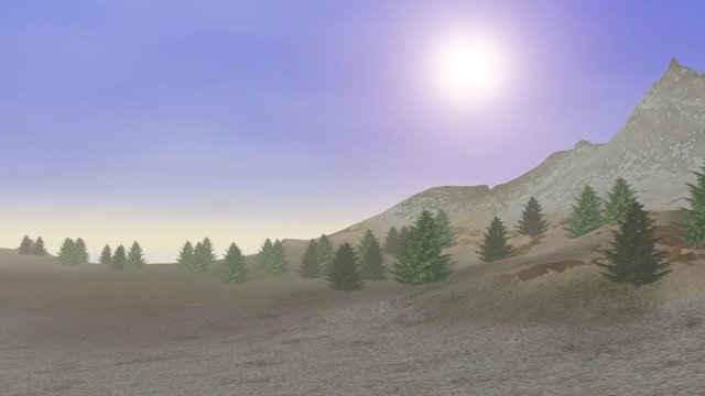 Animation on the rocky ground, coniferous trees, fog and haze on the mountain and a bright sun.