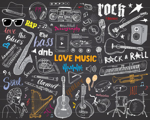 Obraz premium Music Instruments Set. Hand Drawn Sketch, Vector Illustration On Chalkboard.