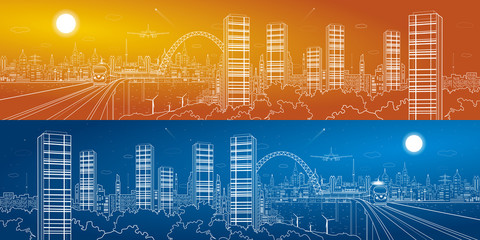 City and transport mega panorama, train on the bridge, skyline, white lines landscape, night town, airplane fly, vector design art, day and night