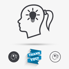 Head with lamp bulb sign icon. Female woman head