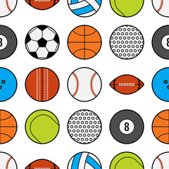 Seamless pattern with different sport balls. Flat icons and objects.