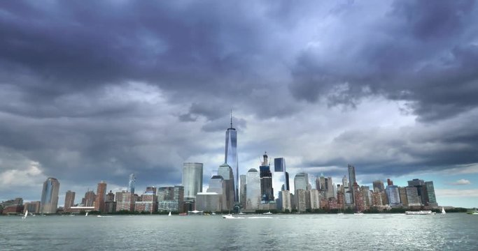 NEW YORK - Circa July, 2016 - A timelapse view of the skyline of lower Manhattan with the new Freedom Tower standing tall.  	