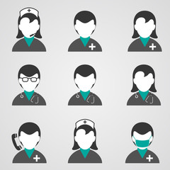 Doctors and medical staff icons set
