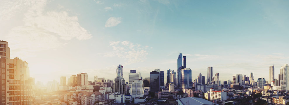 Panoramic cityscape of Bangkok city in sunrise, vintage tone