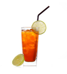 tea cocktail with lemon and ice on a white background