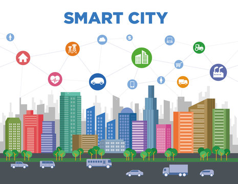 smart city concept illustration, colorful urban building and various technology icons, smart grid, IoT(Internet of Things), ICT(Information Communication Technology)