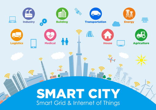 smart city on global ground with various technological icons, futuristic cityscape and modern lifestyle, smart gird, IoT(Internet of Things), ICT(Information Communication Technology)
