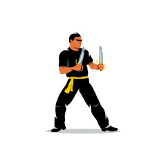 Vector Wing Chun kung fu Master with two swords. Cartoon Illustration.