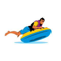 Young Man having lots of fun on rubber ring going down the water slide. Vector Cartoon Illustration.