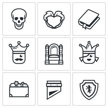 Vector Set of Hamlet tragedy Icons. Death, Love, Piece, Kingdom, Throne, Princess, Treasure, Sentinel. 