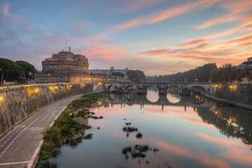 The fortress of Sant'Angelo (Castel Sant'Angelo) and bridge over river Tiber (Fiume Tevere) at a...