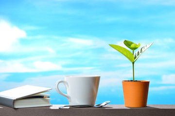 Young plant in pot with cup of coffee and book on sky background