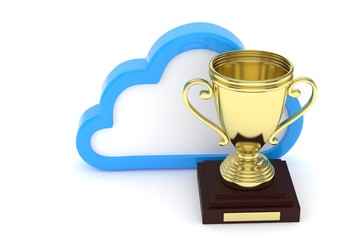 Isoalted golden cup with cloud on white background. Blue contour cloud. Concept of cloud storage competition. Leader cloud drive. Best storage contest. 3D rendering.