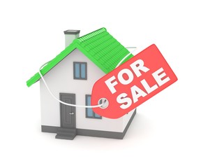 Model of house with label for sale on white background. Concept of real estate sale. 3D rendering.