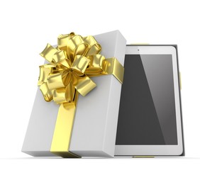 Tablet in white gift box with golden bow and ribbons on white. 3D rendering.