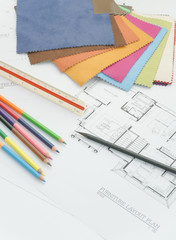 Architectural plan with color pencil and color palette