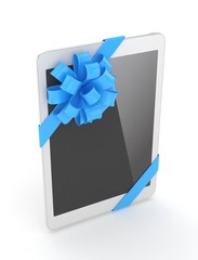White tablet with blue bow. 3D rendering.